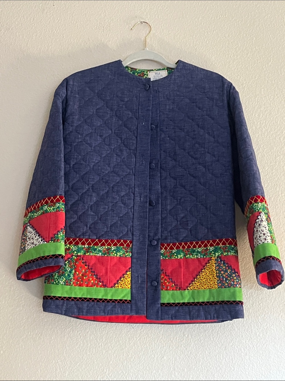 Fabulous Vintage Quilted Blue Patchwork Jacket with Multicolor Trim, Size Small